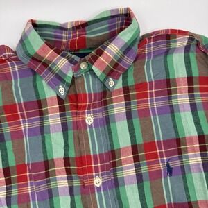 Polo Ralph Lauren Blake‎ Large Green Madras Plaid Polo Short Sleeve Button Down